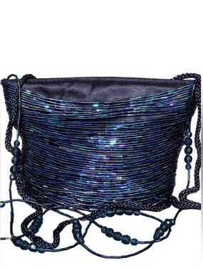 90’s SASHA BEADED Iridescent Navy Shoulder Bag Braided Strap